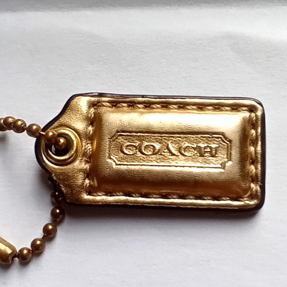 VTG Coach Leather Gold Metallic LOGO TAG Key FOB Chain - Picture 1 of 3